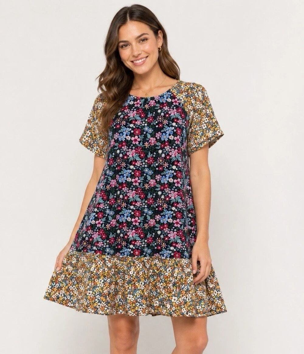 Umgee Dress Womens Medium Mix Micro Floral Babydoll Purple Yellow Boho Pockets